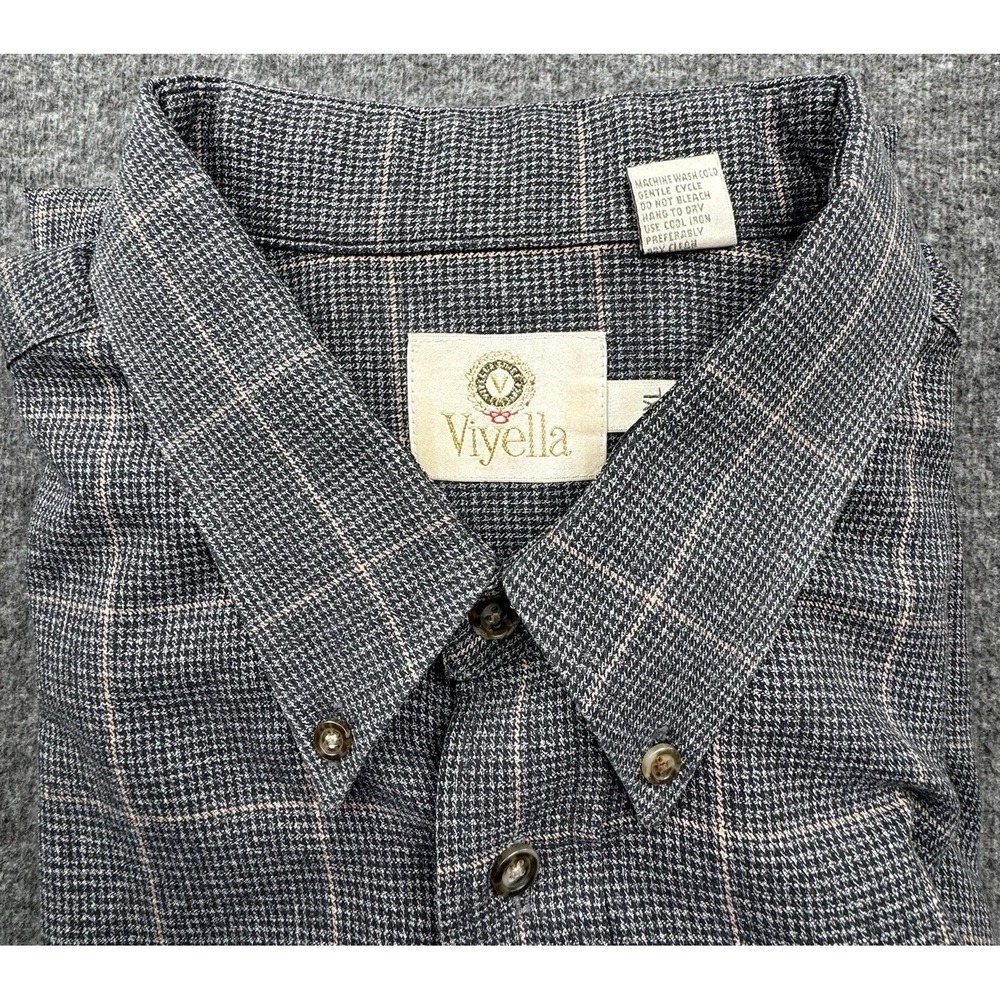 Viyella Wool Cotton Blend Flannel Sport Shirt Men 2XL XXL Plaid Check Gray Black